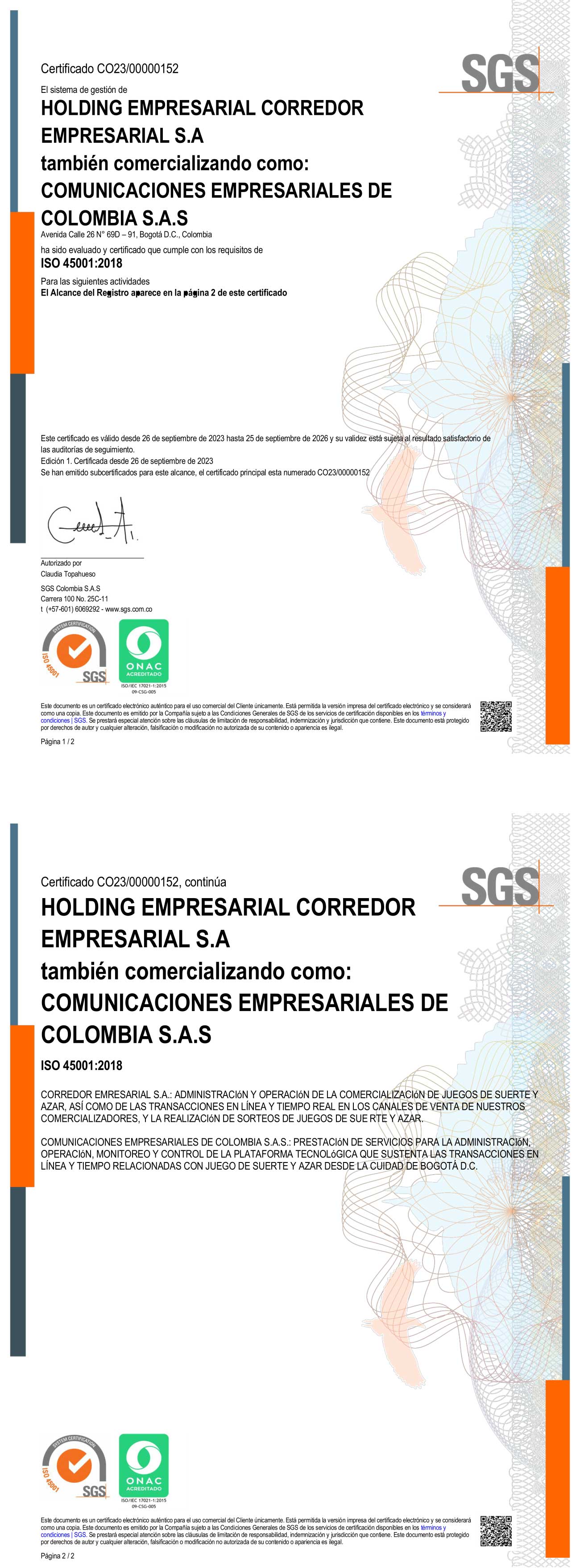 SG SST - Certificado ISO 45001<